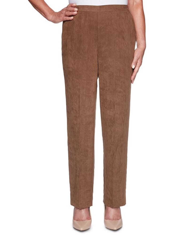 Front of a model wearing a size 16 Alfred Dunner Women's Dress Pants WALNUT - Walnut Faux Suede Pants - Brown 16P in Brown by Alfred Dunner. | dia_product_style_image_id:306249